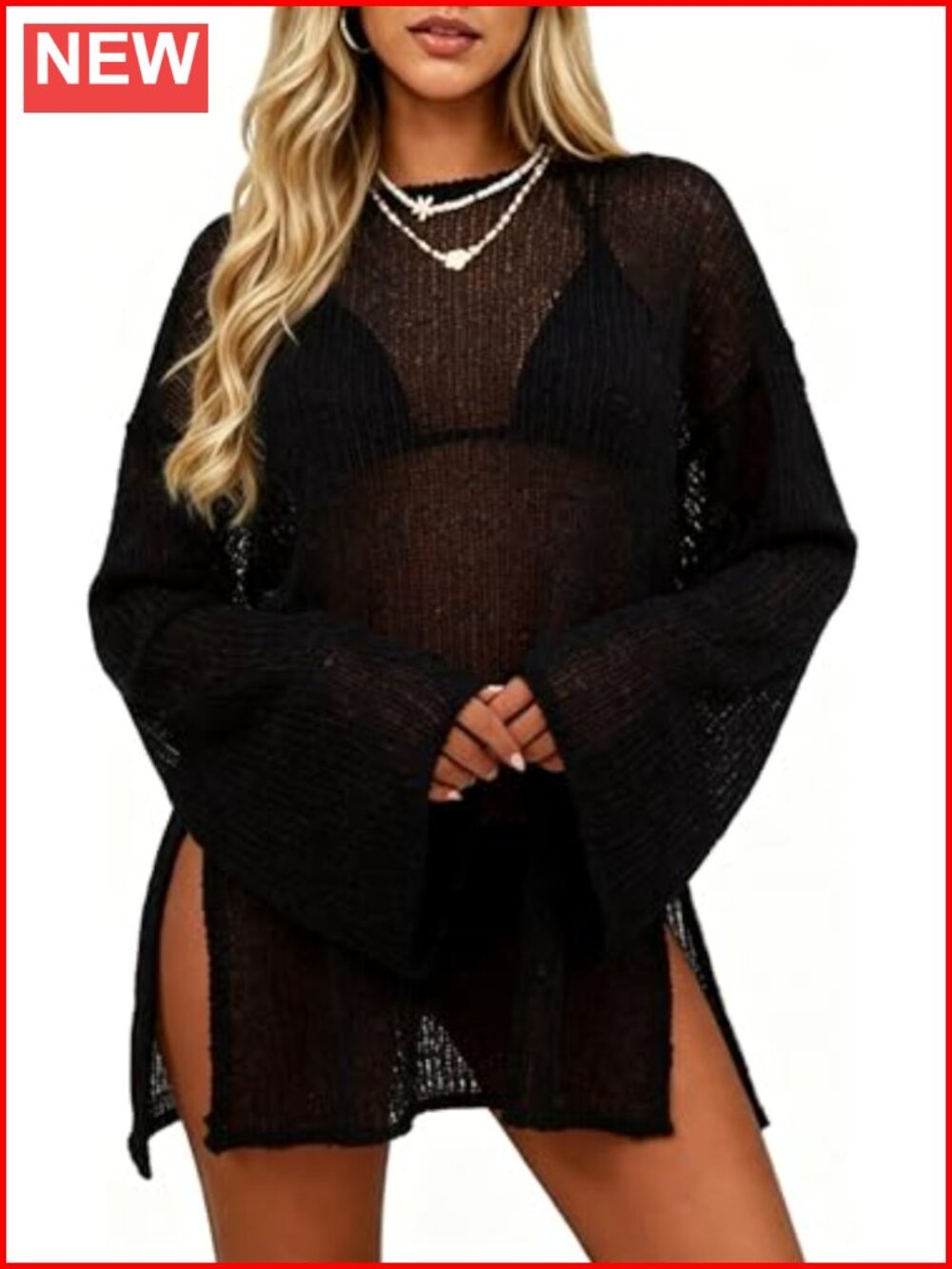 Crochet Sheer Mesh Swimsuit Coverup Kaftan Long Sleeve Beach Pool